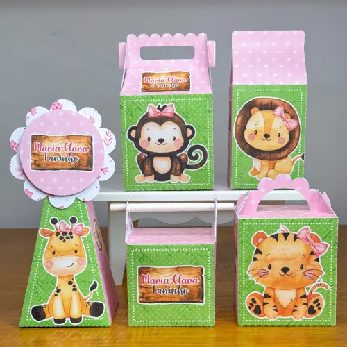 Kit 10 Caixinhas Personalizadas Safari Menina PEGUE E MONTE (LEIA A DESCRIÇÃO)