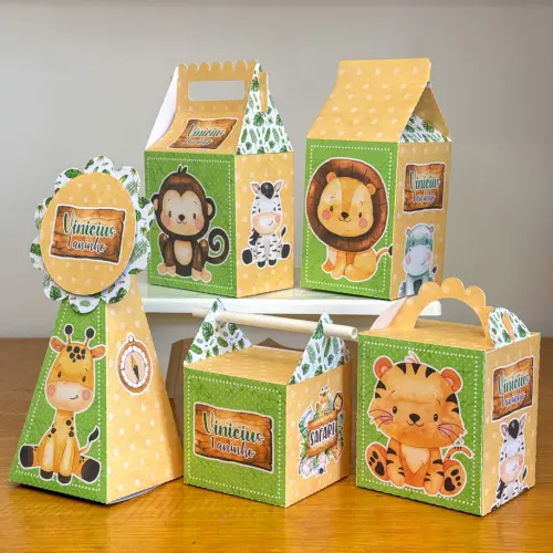 Kit 10 Caixinhas Personalizadas Safari Menino PEGUE E MONTE (LEIA