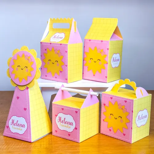 Kit 10 Caixinhas Personalizadas Raio de Sol Menina PEGUE E MONTE 