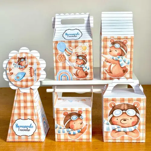 Kit 10 Caixinhas Personalizadas Ursinho Aviador PEGUE E MONTE (LEIA A DESCRIÇÃO)