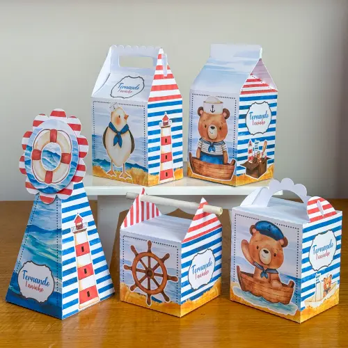 Kit 10 Caixinhas Personalizadas Ursinho Marinheiro PEGUE E MONTE 
