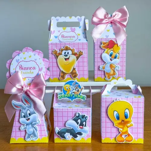 Kit 10 Caixinhas Personalizadas Baby Looney Tunes Menina Com Laços e Apliques PEGUE E MONTE (LEIA A DESCRIÇÃO)