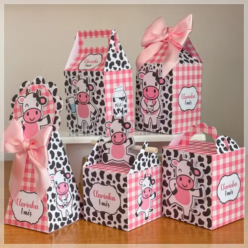Kit 10 Caixinhas Personalizadas Vaquinha Com Laços e Apliques PE