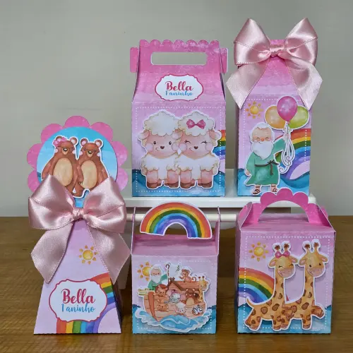 Kit 10 Caixinhas Personalizadas Arca de Noé Menina Com Laços e Apliques PEGUE E MONTE (LEIA A DESCRIÇÃO)