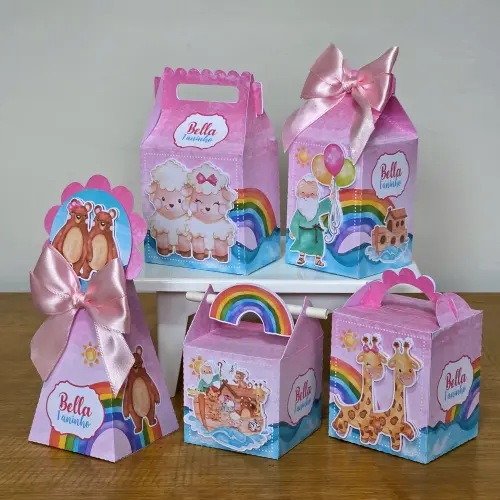 Kit 10 Caixinhas Personalizadas Arca de Noé Menina Com Laços e