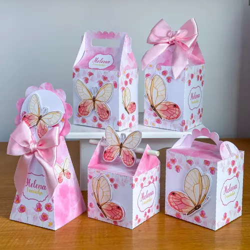 Kit 10 Caixinhas Personalizadas Borboleta Com Laços e Apliques P