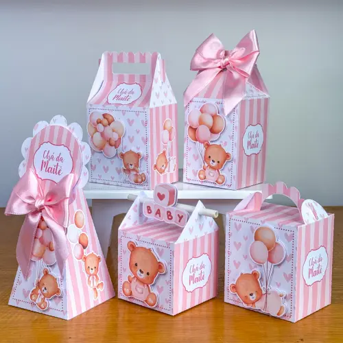 Kit 10 Caixinhas Personalizadas Chá de Bebê Ursinha Rosa Claro 