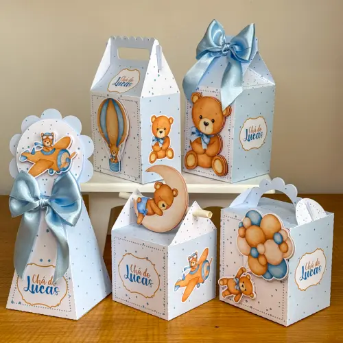 Kit 10 Caixinhas Personalizadas Chá de Bebê Ursinho Azul Com La