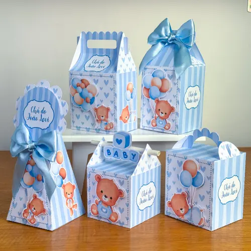 Kit 10 Caixinhas Personalizadas Chá de Bebê Ursinho Azul Claro 