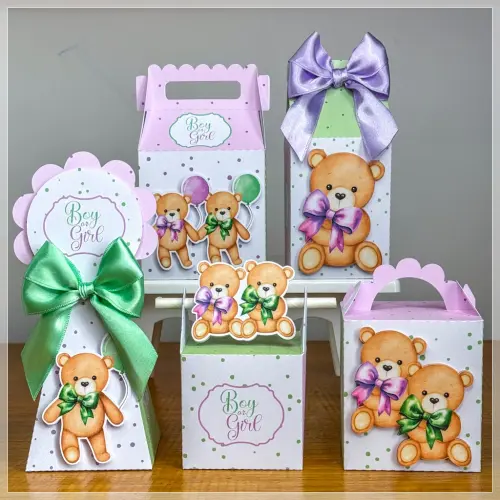 Kit 10 Caixinhas Personalizadas Chá Revelação Verde e Lilás Com Laços e Apliques PEGUE E MONTE (LEIA A DESCRIÇÃO)