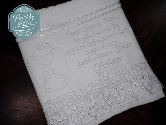 Toalha de Batizado com Renda Guipir e Oração
