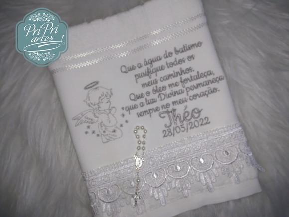 Toalha de Batizado com Renda Guipir e Oração