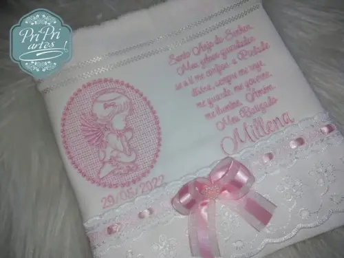 Toalha Batizado com Renda e Oração