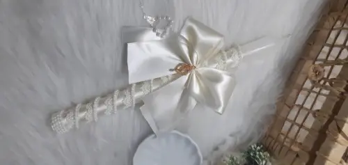 Vela de Batismo Pérola e Pingente Off-white