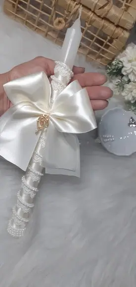 Vela de Batismo Pérola e Pingente Off-white