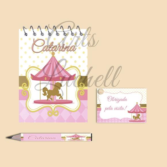 Bloquinho Personalizado com Lápis Carrossel Rosa
