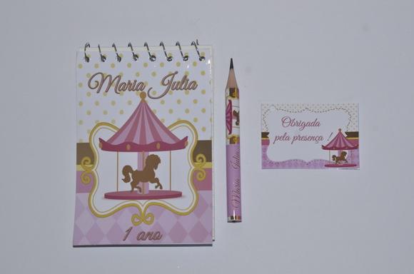 Bloquinho Personalizado com Lápis Carrossel Rosa