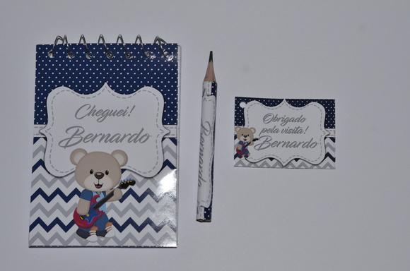 Bloquinho Personalizado com Lápis Urso Guitarrista