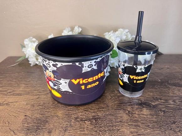 Kit Balde de Pipoca com Copo Canudo Personalizado Mickey