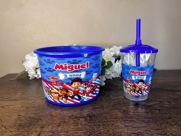 Kit Balde de Pipoca com Copo Canudo Personalizado Patrulha