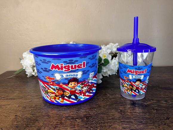 Kit Balde de Pipoca com Copo Canudo Personalizado Patrulha