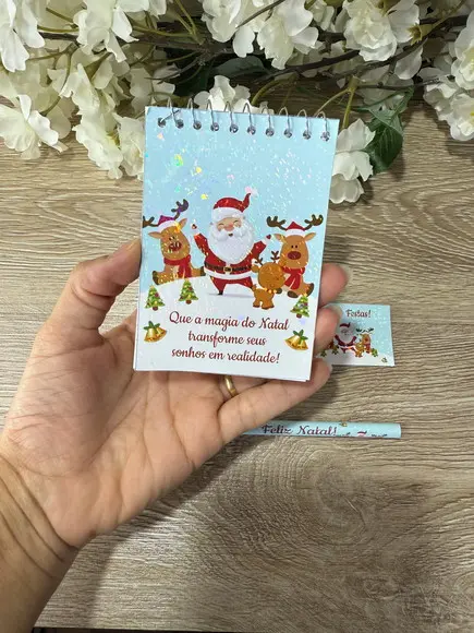 Bloquinho com Brilho Holográfico e Lápis Personalizado Natal