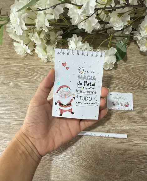 Bloquinho com Brilho Holográfico e Lápis Personalizado Natal