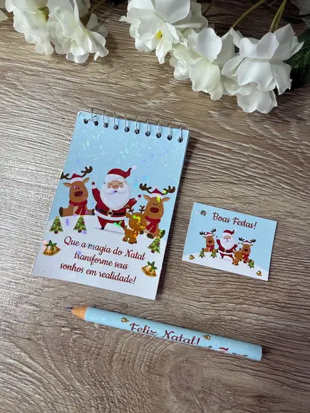 Bloquinho com Brilho Holográfico e Lápis Personalizado Natal