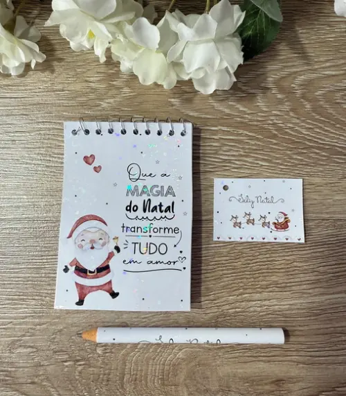 Bloquinho com Brilho Holográfico e Lápis Personalizado Natal