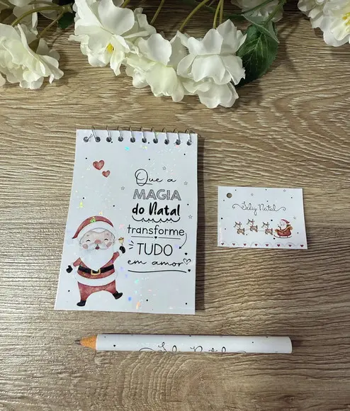 Bloquinho com Brilho Holográfico e Lápis Personalizado Natal