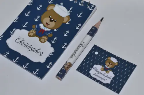 Bloquinho Personalizado com Lápis Urso Marinheiro