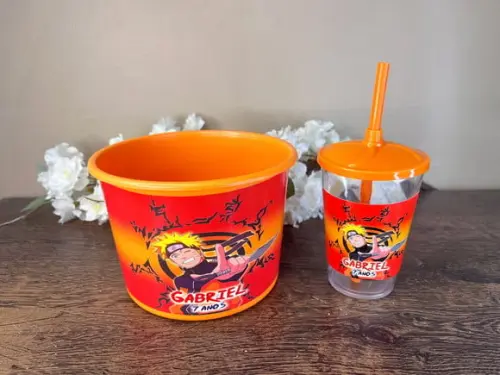 Kit Balde de Pipoca com Copo Canudo Personalizado Naruto