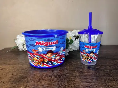 Kit Balde de Pipoca com Copo Canudo Personalizado Patrulha