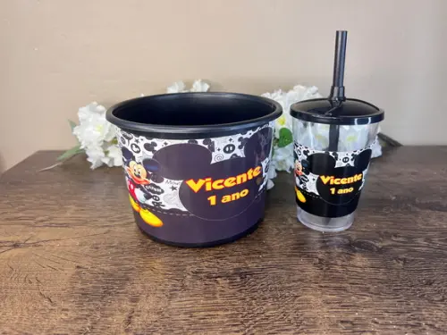 Kit Balde de Pipoca com Copo Canudo Personalizado Mickey
