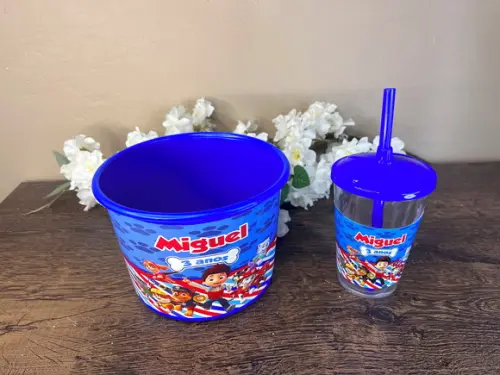 Kit Balde de Pipoca com Copo Canudo Personalizado Patrulha