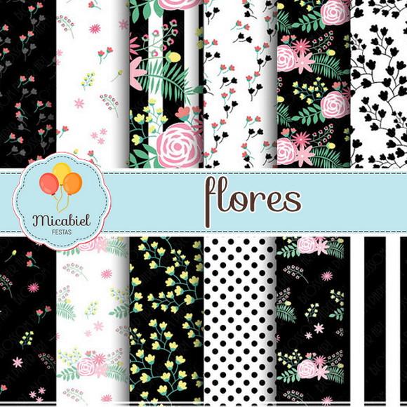 Papel Digital - Flores (preto) 1