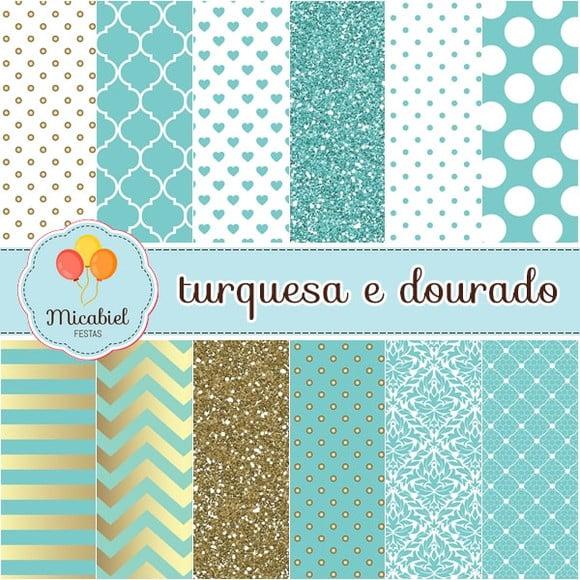 Papel Digital - Turquesa e Dourado 1
