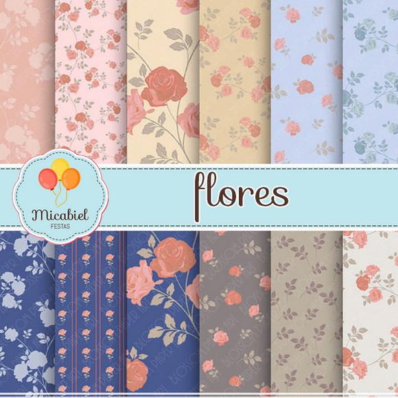 Papel Digital - Flores (pêssego e Azul) 1