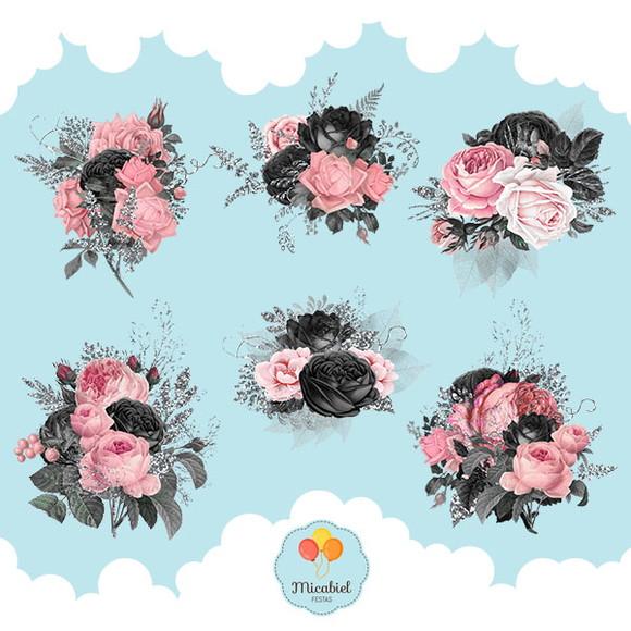 Clipart - Flores (preto e Rosa) 1