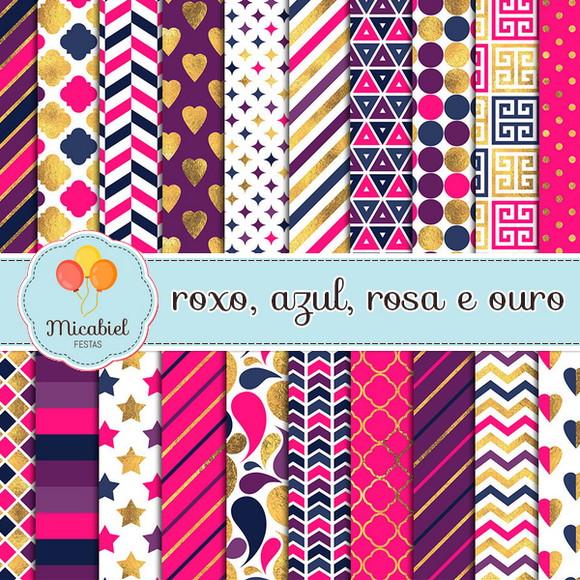 Papel Digital - Roxo, Azul, Rosa e Ouro 1