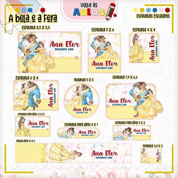 Leve + 13 Arquivo de Corte - Etiqueta Escolar (a Bela e a Fera) G