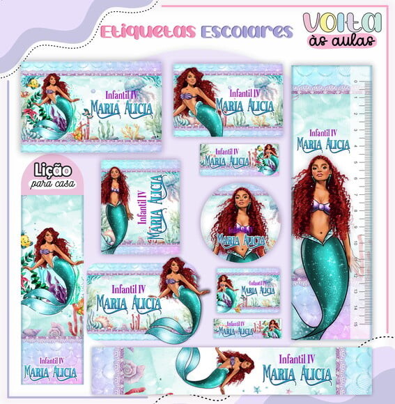 Leve + 13 Arquivo de Corte - Etiqueta Escolar (a Pequena Sereia) 