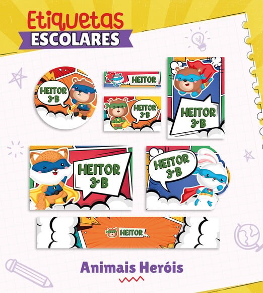 Leve + 13 Arquivo de Corte - Etiqueta Escolar (animais Heróis) a