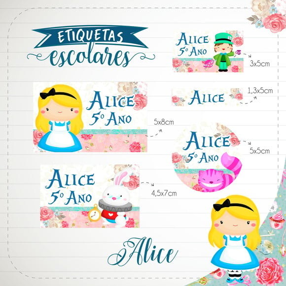 Leve + 13 Arquivo de Corte - Etiqueta Escolar (alice) a