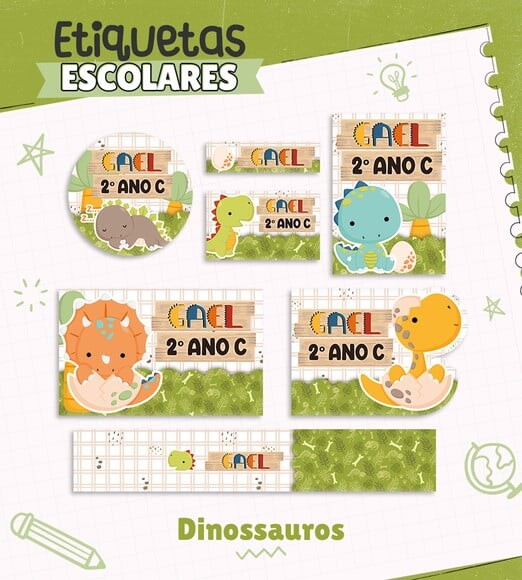 Leve + 13 Arquivo de Corte - Etiqueta Escolar (dinossauros) K