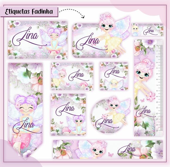 Leve + 13 Arquivo de Corte - Etiqueta Escolar (fadas) e