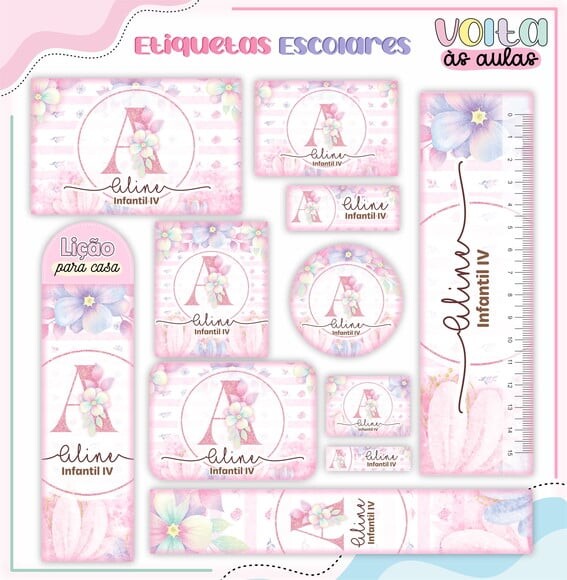 Leve + 13 Arquivo de Corte - Etiqueta Escolar (floral) J