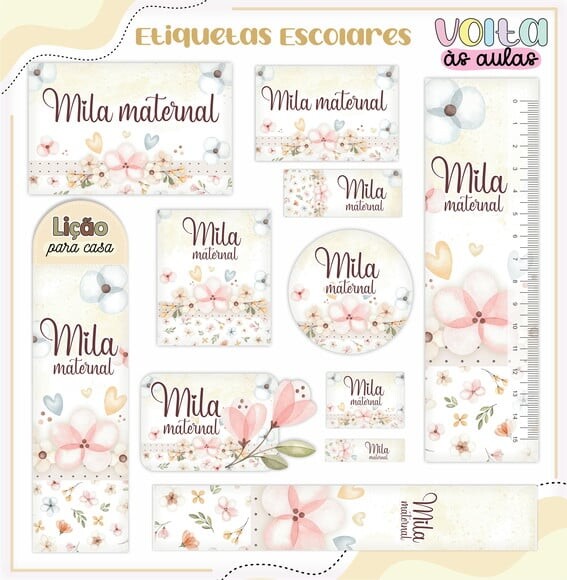 Leve + 13 Arquivo de Corte - Etiqueta Escolar (floral) I