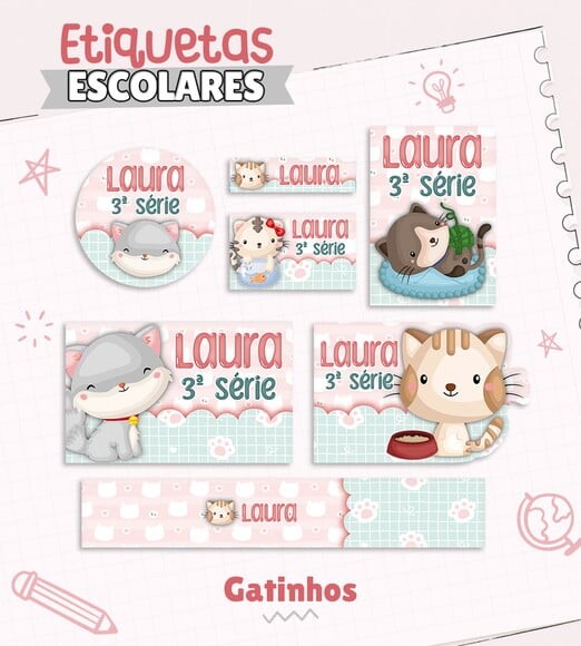Leve + 13 Arquivo de Corte - Etiqueta Escolar (gatinha) e