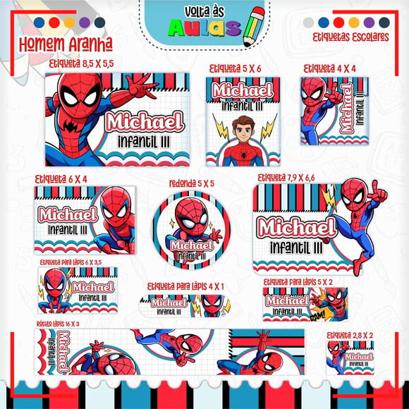 Leve + 13 Arquivo de Corte - Etiqueta Escolar (homem Aranha) J